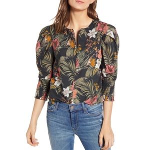 Rebecca Minkoff Geneva Green Floral Puff Sleeve Cotton Blouse